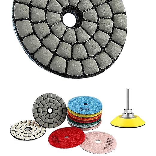 2inch 50mm Diamond Dry Grinding Pad, 7 Different Grit 50#-3000# Sanding Discs & 6mm Round Handle Hook & Loop Backing Holder for Detail Fine Buffing Polishing (8Pcs/Set)