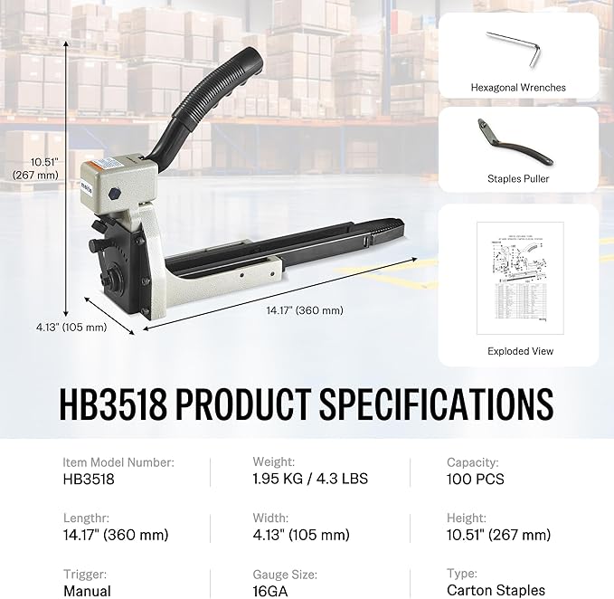 meite Box Stapler HB3518 Manual Carton Closer with 16 Gauge 3/4" Leg Carton Closing Staples(1,600pcs) for Corrugated Case Packaging, Accepts 1-3/8" Crown 3/4" Leg Staples, No Air Needed