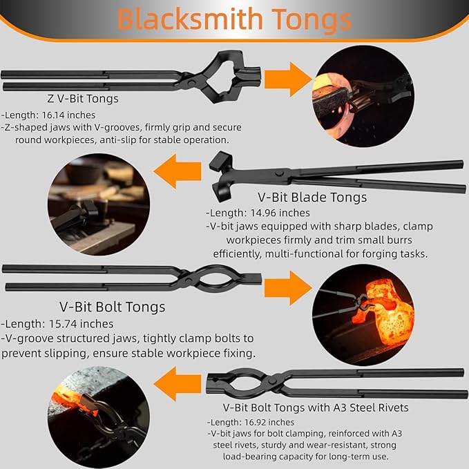 Blacksmith Tongs Set,5PCS Blacksmith Forge Kit for Beginner and Seasoned Blacksmiths, Craftsmen and Bladesmiths