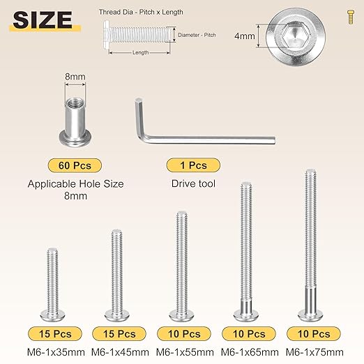 METALLIXITY Furniture Crib Screws Replacement Set with Wrench(M6-1x35/45/55/65/75mm) 120Pcs, Connector Bolts M6 Screw Barrel Nuts Binding Screws, for Chair Cabinet Bed, Silver