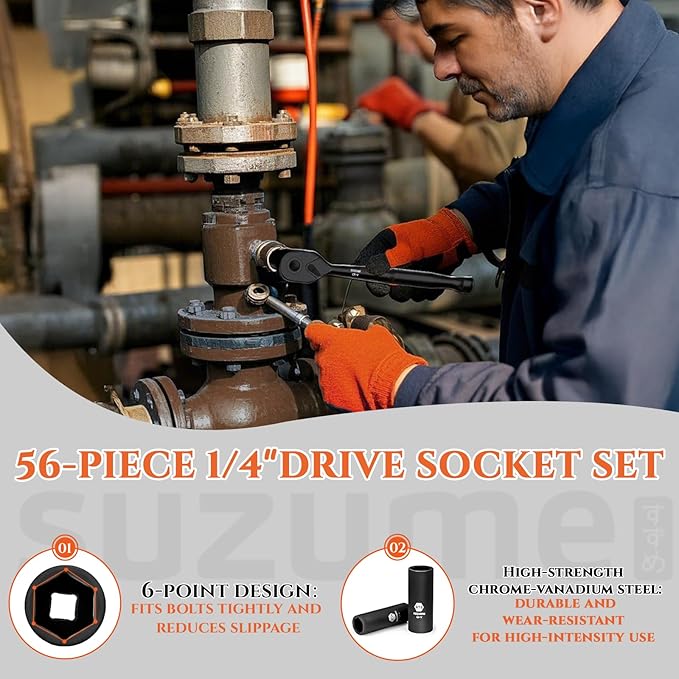 1/4" Drive Impact Socket Set, Cr-V Steel, 6 Point, 56-Piece Standard Metric (4-15mm) and SAE (5/32-Inch to 9/16-Inch) Sockets with Adapters & Ratchet Handle, Extension Bars, Universal Joint