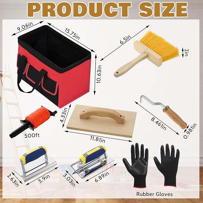 18 Pcs Masonry Hand Tool Set in Tool Bag Includes 6 Pcs Trowel Set Wooden Sanding Board Stainless Steel Putty Knife Brush Rebar Hook Masonry Kit Rubber Gloves Construction Wire(Orange)