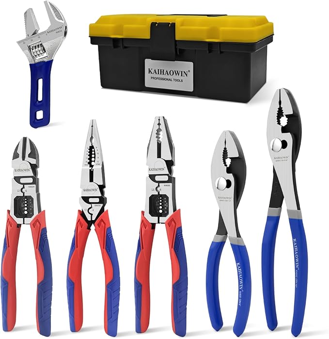KAIHAOWIN 6-Piece Tool Set with Case, 8.8??Long Nose, 8.8??Linesman, 8??Diagonal, 6??Adjustable Wrench, 8??10??Slip Joint Pliers for Repairing & Home Use