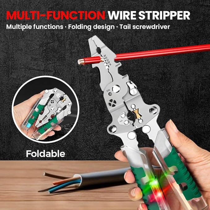 Saker 18-in-1 Folding Electrician Pliers, Multi-Function Professional Wire Stripper Tool with Voltage Tester Light, Built-In Screwdriver and Cable Hook Knife, Compact Electrical Pliers for Home DIY