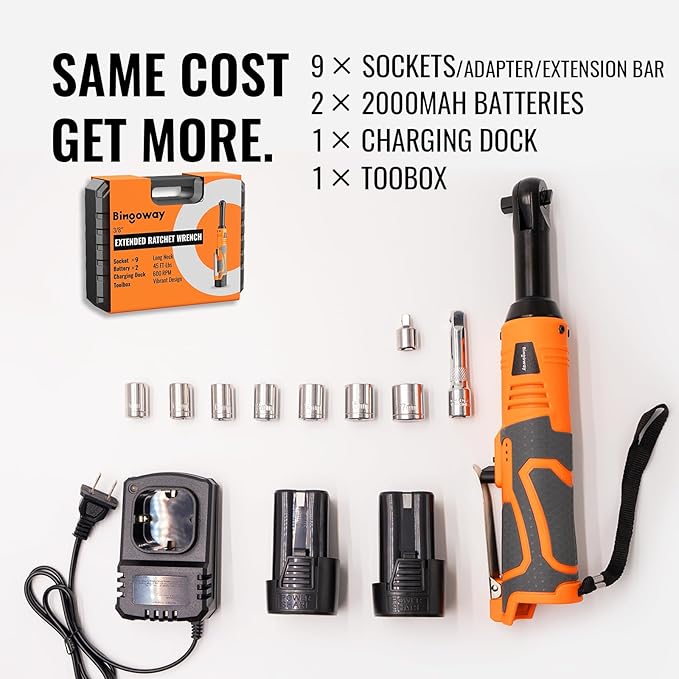 3/8" Extended Electric Ratchet Wrench Set, 45ft-lbs Cordless Long Neck Power Ratchet Wrench Kit with 2pcs Batteries, LED Light, 9 Sockets, Toolbox, Variable Speed, For Housework, Car Repair