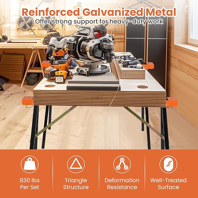 Goplus Saw Horses 2 Pack , Portable Heavy-Duty Galvanized Metal Power Tool Stand w/ Non-slip Top & Hinge Brace, Quick-Folding Saw Horses w/ Carrying Handle for Woodworking