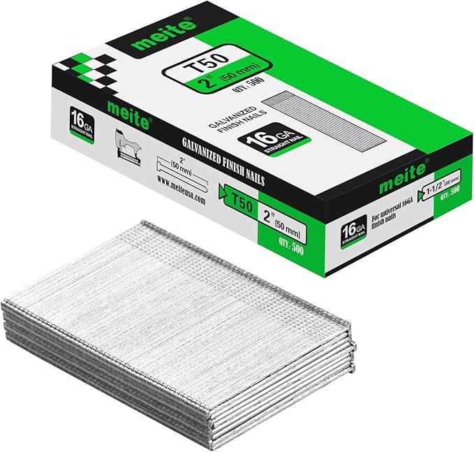 meite 16 Gauge Finish Nails, 2-Inch Galvanized 16GA Finish Nails, Small Straight Finishing Nail, Ideal for Woodworking, Upholstery, and Framing Projects (500 Counts)