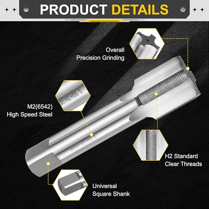 uxcell Hand Plug Tap M33 x 1 H2 Metric Thread Plug Style Taps Straight Flute Screw Tapping Threading Tool High Speed Steel HSS6542