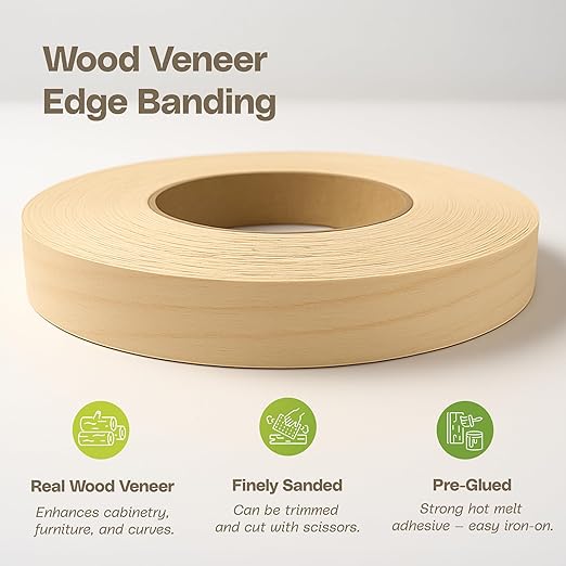 Edge Supply Birch 1 in x 50 ft Roll ??Pre-Glued Iron On Wood Veneer Tape ??Wood Veneer Edge Banding Tape with Hot Melt Adhesive, Smooth Sanded Finish Ideal for Furniture & DIY, Made in USA
