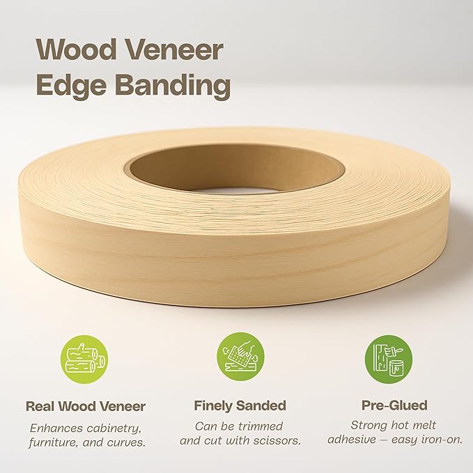 Edge Supply Birch 7/8 in x 250 ft Roll ??Pre-Glued Iron On Wood Veneer Tape ??Wood Veneer Edge Banding Tape with Hot Melt Adhesive, Smooth Sanded Finish Ideal for Furniture & DIY, Made in USA