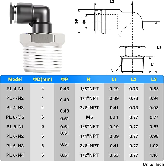 TAILONZ PNEUMATIC Male Elbow 6mm Tube OD x 1/2 Inch NPT Thread 90 Push to Connect Fittings PL6-N4 (Pack of 10)