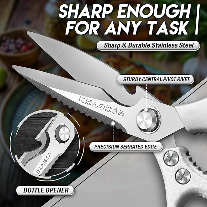 TIJERAS Kitchen Scissors Set Silver - Stainless Steel Kitchen Shears, Sharp Meat Scissors Dishwasher Safe, Heavy Duty Poultry Shears, Japanese Cooking Scissor for Food, Chicken, Gifts for Women