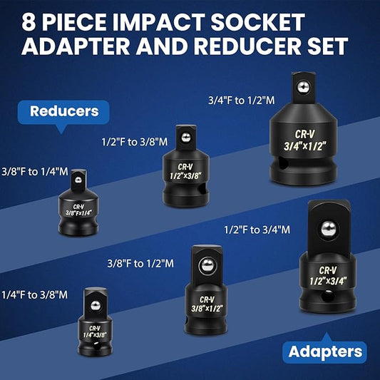 6-Piece Impact Socket Adapter Set, 1/4" 3/8" 1/2" 3/4" Drive Reducers & Adapters,CR-V Steel, Impact Grade Socket Adapter Kit for Impact Tools