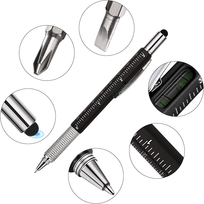 Zhanmai 8 Pcs Multitool Pens 6 in 1 Multi-tool Pen Set with Refills for Men's Birthday Gifts, Christmas Stocking Stuffers for Men Dad Husband (Black)