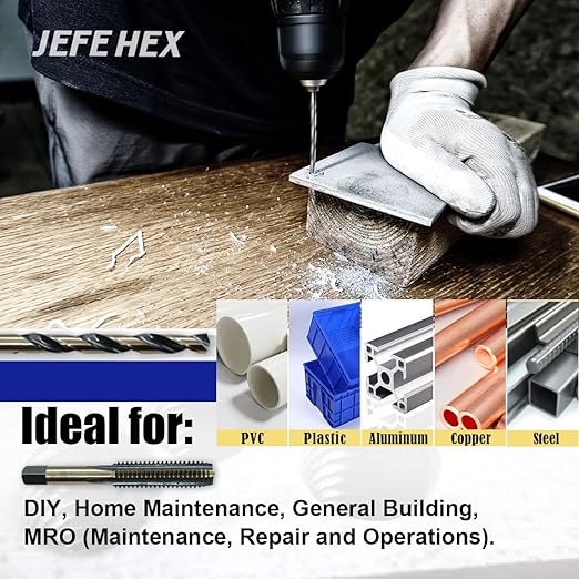 JEFEHEX 18pcs Drill and Tap Set with 1 Piece T-Handle Ratchet Tap Wrench, Tap Range 6-32NC??/2"-13NC, Black and Gold Premium HSS Jobber Length Drill Bits and Hand Plug Taps with Metal Indexed Box
