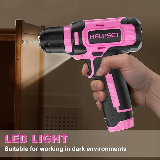 8V Cordless Drill Driver Set with 3/8" Keyless Chuck, 15pcs Bits, Type-C Charging, Built-in LED and Variable Speed for Drilling and Screwing, Toolbox (Pink)