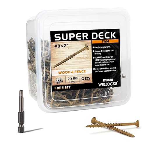 WELLOCKS Deck Screws, Wood Screws, Tan, Superior Rust Resistant, Epoxy Coated, Above 1000 Hour Salt Spray Coating T25 Torx Star Bit Included for Outdoor Wood Fence (5.2LBS Tan, #8횞2")