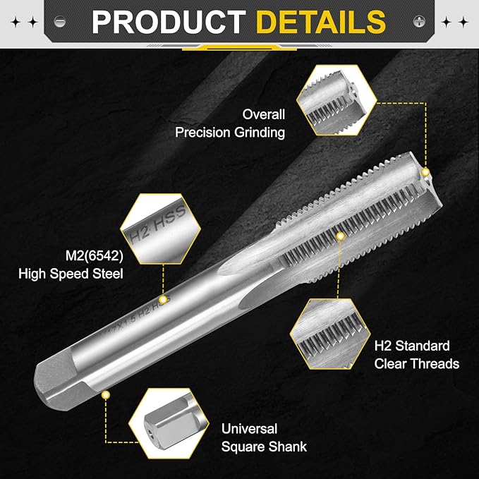 uxcell Hand Plug Tap M17 x 1.5 H2 Metric Thread Plug Style Taps Straight Flute Screw Tapping Threading Tool High Speed Steel HSS6542