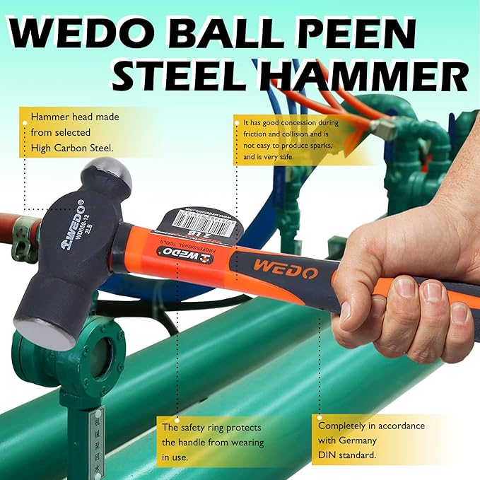 WEDO 2pcs Ball Pein Hammer Set,1.5lb+1.5lb,Fiberglass Handle,Ball Peen Hammer,Length 320mm,High Carbon Steel,Shock Resistant,Non-Slip Handle,Die-forged