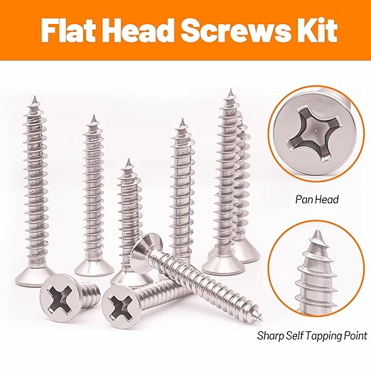 450-Piece Stainless Steel Wood & Sheet Metal Screw Assortment ??#4 to #12 Phillips Flat Head Self-Tapping Screws (1/4" to 2")