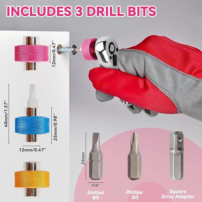 Yakamoz 3Pcs 1/4?쇺?Stubby Screwdriver Set - 2 in 1 Mini Screwdriver with Phillips Slotted Bit and Square Drive Adapter Multi-functional Finger Bit Driver Nut Driver for Tight Spaces (Pink/Blue/Yellow)