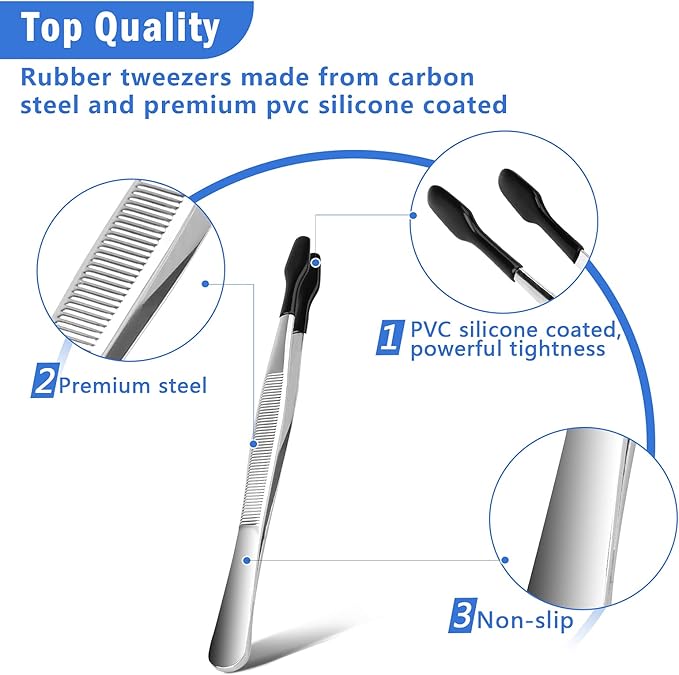 3PCS Tip Tweezers, Silicone Rubber Flat Tipped Tweezers Bent Tip for Jewelry Coin Stamp (Black)