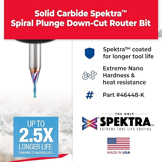Amana Tool Solid Carbide Spektra Extreme Tool Life Spiral Plunge Router Bit Down-Cut, 46448-K, 1/16 Dia x 1/4 CH x 1/4 SHK 2 Inch L