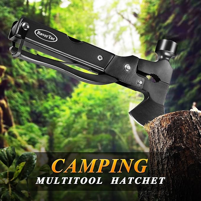 RoverTac 14-in-1 Multitool Camping Axe ??Multi Tool with Knife, Hammer, Saw, Screwdrivers, Bottle Opener ??Camping Tool with Sheath ??Tool Gifts for Men, Dad, Husband, and Outdoor Enthusiasts.