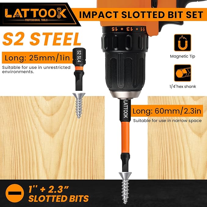 13-Pieces Impact Slotted Bit Set, LATTOOK 1/4'' Hex Shank Slotted Screwdriver Bit Set Flat Head Bits, Magnetic S2 Steel, 2.3'' & 1'' Long, SL2, SL2.5, SL3, SL4, SL5, SL6