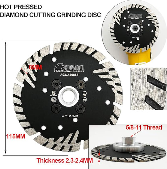 SHDIATOOL Diamond Turbo Blade Dia 4.5 Inch with Slant Protection Teeth Cutting Stone Granite Marble Concrete Brick with 5/8-11 Thread