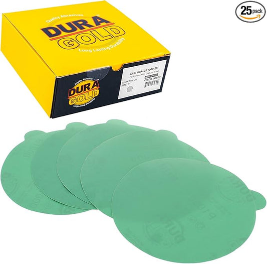 Dura-Gold Premium 6" Green Film PSA Sanding Discs - 1000 Grit (Box of 25) - Self Adhesive Stickyback Sandpaper for DA Sander, Finishing Fine Cut Abrasive, Sand Automotive Car Paint, Woodworking Wood