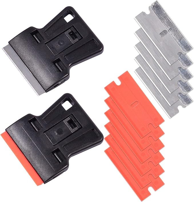 Portable 1.5inch Mini Metal Razor Scraper and Plastic Scraper with Blades, Putty Knife Set Removing Glue, Stain, Vinyl, Labels, Stickers, Decals, Pack of 2