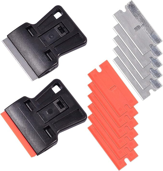 Portable 1.5inch Mini Metal Razor Scraper and Plastic Scraper with Blades, Putty Knife Set Removing Glue, Stain, Vinyl, Labels, Stickers, Decals, Pack of 2