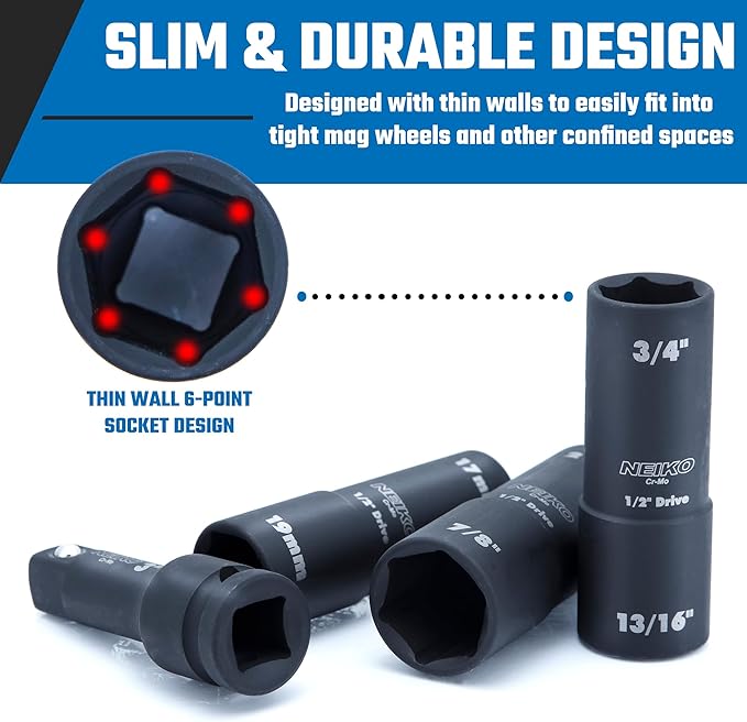 NEIKO 02281B 1/2" Drive Impact Flip Socket Set, Thin Wall Socket, 4 Piece Lug Nut Impact Socket Set, SAE and MM, 3??Extension Bar, Cr-Mo Steel, Impact Lug Nut Socket Set