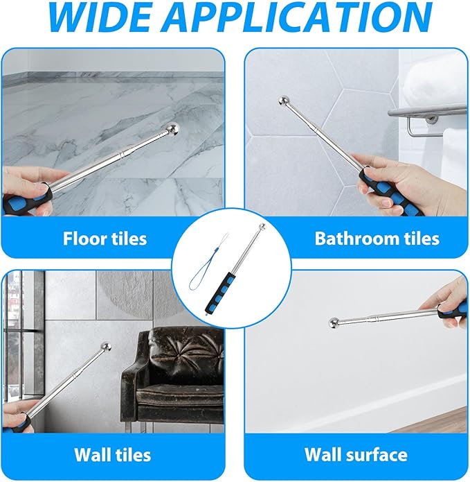 Telescoping Hollowing Detection Hammer, 120cm竊?7"竊덿etractable Drum Test Tool for Wall & Floor Inspection, Stainless Steel Head with Comfort Grip & Lanyard