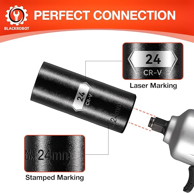 1/2 Inch Drive 6-Point Deep Socket, 24mm Deep Impact Socket, CR-V Steel
