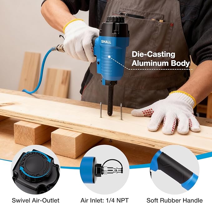 SHALL Pneumatic Nail Remover & 7.5?쇺?Flat Pry Bar Set, Heavy-Duty Air Punch Nailer Removes 9-16 Gauge Nails, 60-100 PSI Air Nail Puller/Denailer for Wood Pallets, Reclaimed Wood, 1/4?쇺?NPT Air Inlet