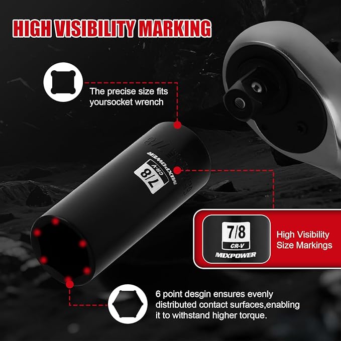 MIXPOWER 25 PCS 1/2??Drive Impact Socket Set, 3/8" to 1-1/2" Deep Socket, 6-Point Hex Socket with Portable Case,SAE,CR-V&CR-MO Steel