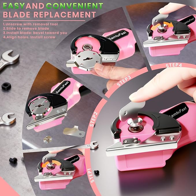 Cordless Electric Scissors, 4V Rechargeable Cardboard Box Cutter with Storage Box,2 Blades,USB Charging Cable, Powerful Rotary Cutters for Carton Plastic Fabric Leather Carpet(Pink)