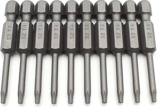 TEMO 10 pc T8 Torx Star Head Screwdriver Bit Set, S2 Steel 6 Point T-8 Reduced Round Shaft Screwdriver Insert Bits Hex Shank