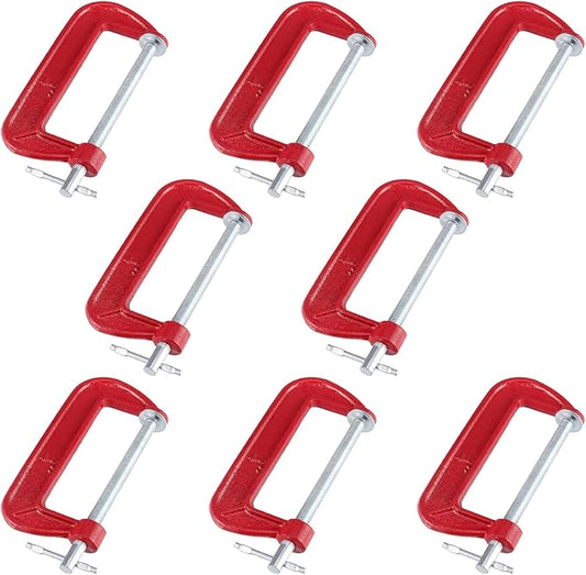 JAPCHET 8 Packs 4 Inches Red C Clamp, Malleable Iron C-clamp, Heavy-Duty C-Clamp for Metalworking, Woodworking, 4-Inch Max Jaw Opening, 2-Inch Throat Depth