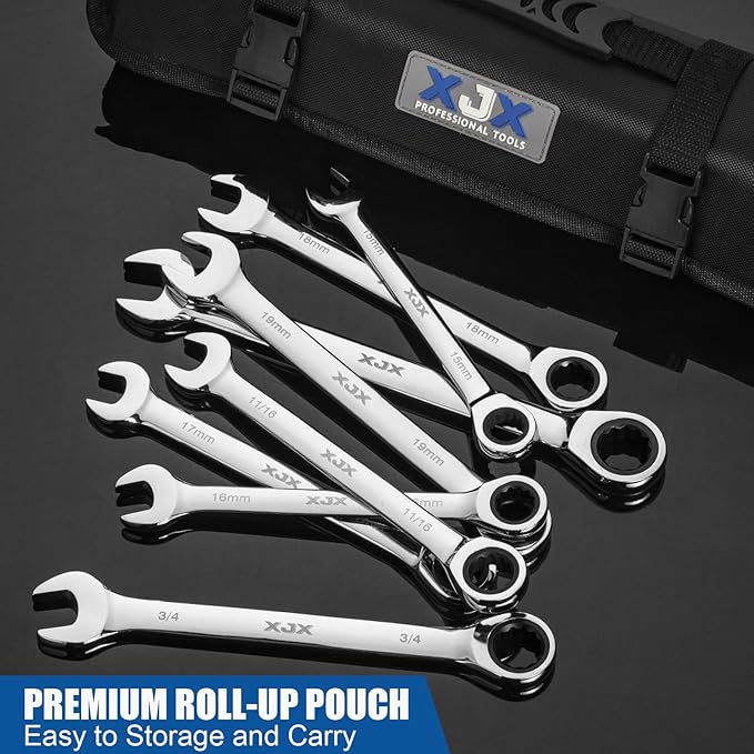 XJX 24PCS Ratcheting Combination Wrench Set | SAE & Metric | 12 Point | 1/4?쓙o 7/8??and 8-19mm | CR-V Steel | Ratchet Wrenches Set with Portable Roll-Up Pouch