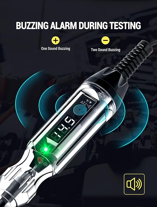 Upgraded 3-72V Buzzer Automotive Test Light, Heavy Duty Digital LED Circuit Tester with Voltmeter and Dual Color Polarity Indicate Light, Bidirectional DC Voltage Tester Electric Light Test Pen