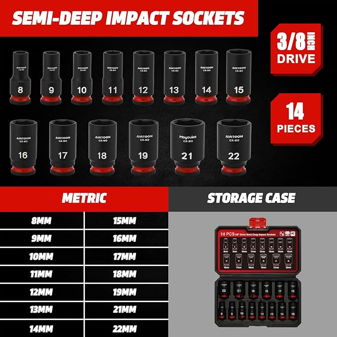 AIRTOON 3/8 in. Drive Semi-Deep Impact Sockets Set, Mid-Length Socket Set, Metric, 8 to 22 mm, 14-Piece, CR-MO, Stamped and Ink Filled Size Marking