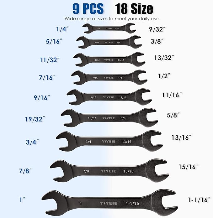 YIYEIE 9Pc. Super Thin Wrench Set, SAE 1/4" to 1-1/16", Nickel Plating, CR-V Steel, Ultra-Slim Open End Wrench Set with Rolling Pouch