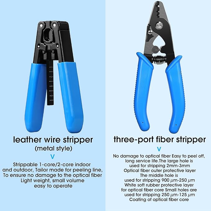 Fiber Optic Termination Tool Kit 10-in-1 Equipped with A-D7 Optical Power Meter (-70 - +10 dBm), FC-6S Fiber Cleaver and Wire Stripping Pliers, Aramid Scissors, Fiber Optic Tool Kit