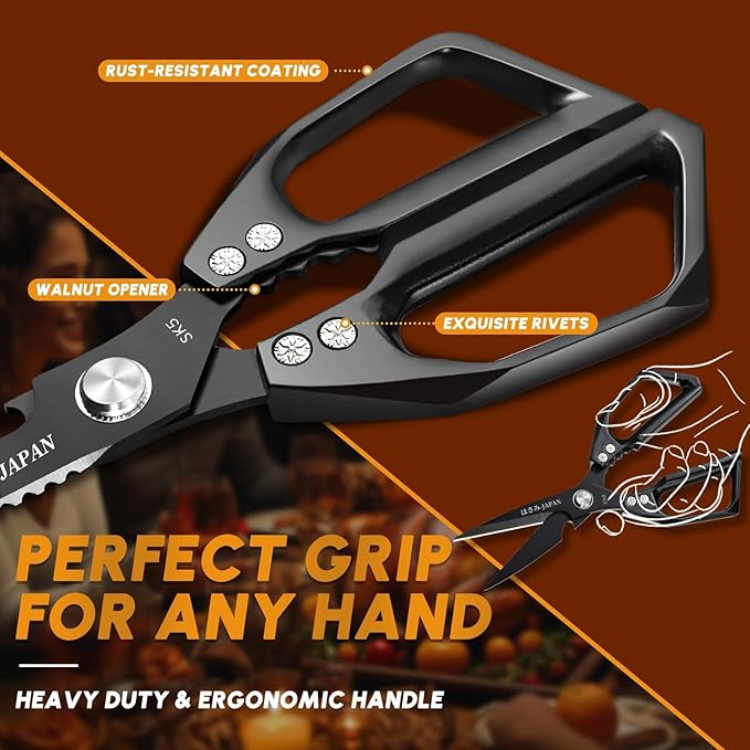 HUUSK Kitchen Scissors Set Black - Upgraded Stainless Steel Kitchen Shear, Sharp Meat Scissors, Heavy Duty Poultry Shears, Japanese Cooking Scissor for Food, Dishwasher Safe Christmas Gifts for Women