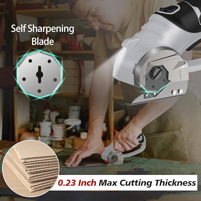 Cordless Electric Scissors, 4V Rechargeable Box Cutter & Cardboard Cutter with Titanium Blade, LED Light, Safety Lock - Rotary Cutter for Fabric, Leather, Carpet, Plastic, Crafting, Sewing (Grey)