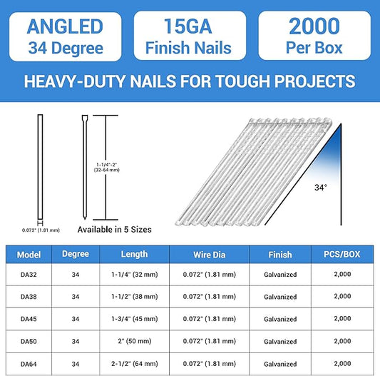 meite 15 Gauge Finish Nails 1-3/4-Inch 34 Degree Angled Galvanized Finishing Nails for Electric or Pneumatic Nailer Gun - No-Rust DA Nail for Cabinet Building Window Trim Fine Woodworking, 2000PCS