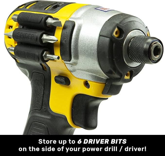 Spider Tool Holster - BitGripper v2 - Pack of Four - High Strength 3M Adhesive Drill add-on for Easy Access to six Driver bits on The Side of Your Power Drill or Driver!